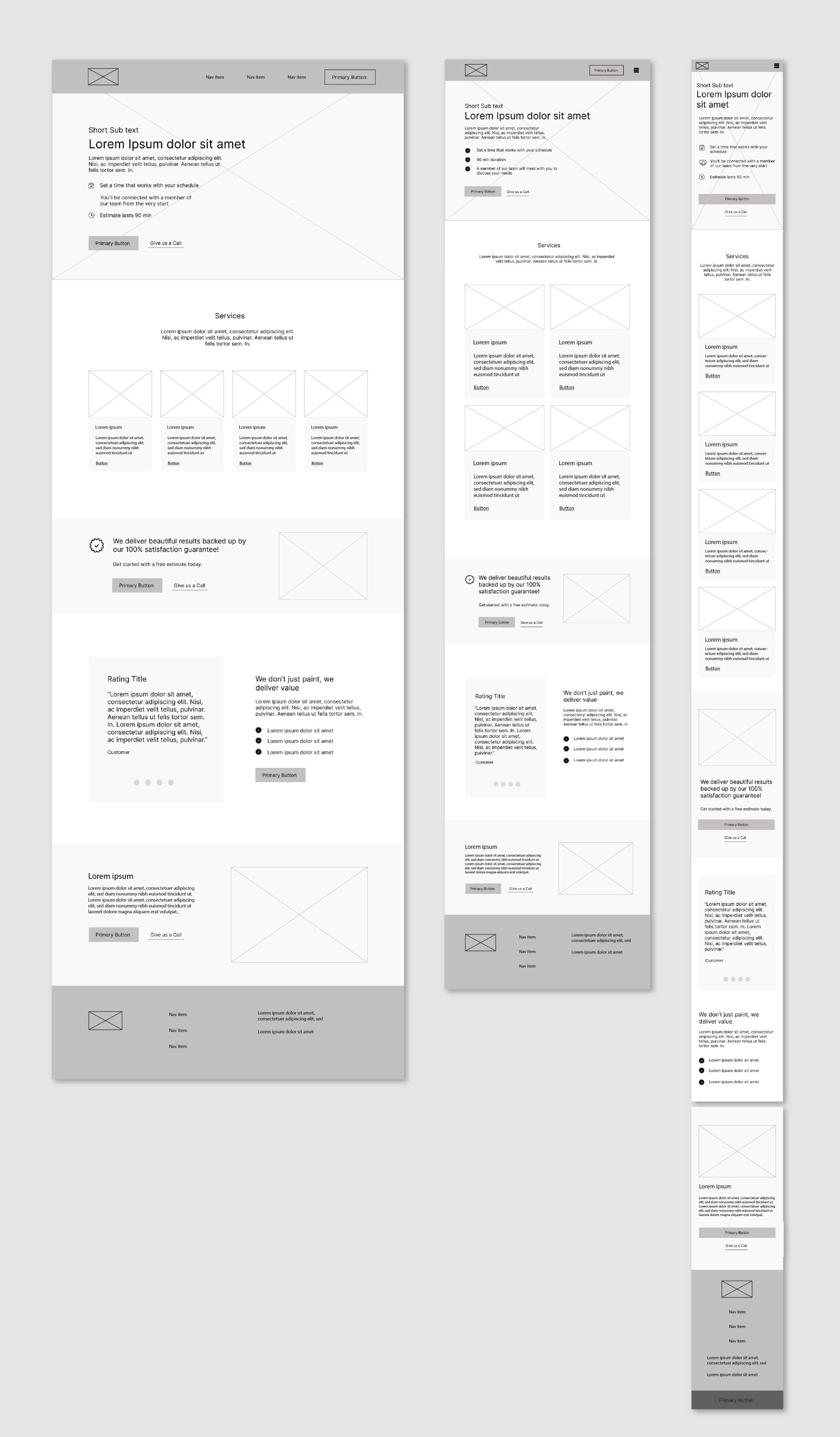 Marketing page wireframes large, medium, and small displays